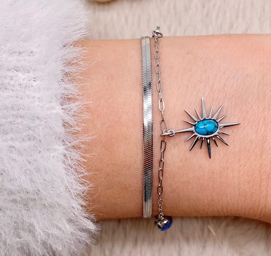 Kuzey Yıldızı Detaylı Çift Zincirli Silver Renk Çelik Bileklik