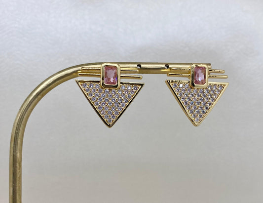 Çelik Zirkon Taşlı Gold Serenay Küpe - Pembe Taşlı