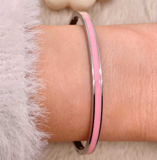 Çelik Pudra Pembe Mineli Silver Kelepçe Bileklik