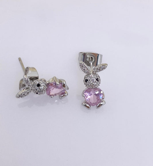 Çelik Silver Zirkon Taşlı Sevimli Tavşanlı Pembe Küpe