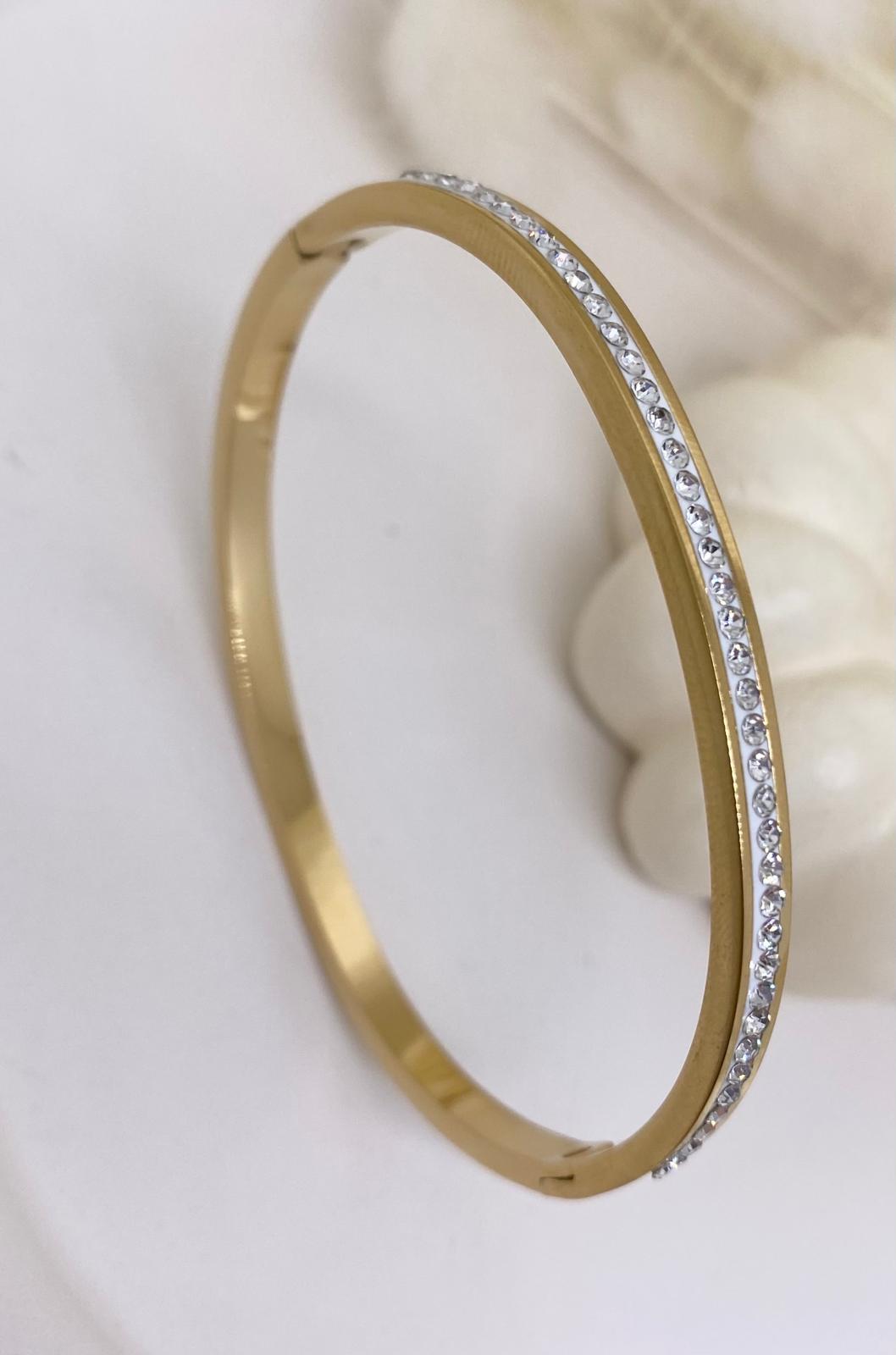 Çelik Zirkon Taşlı Kararmaz Gold İnce Kadın Kelepçe-Bilezik