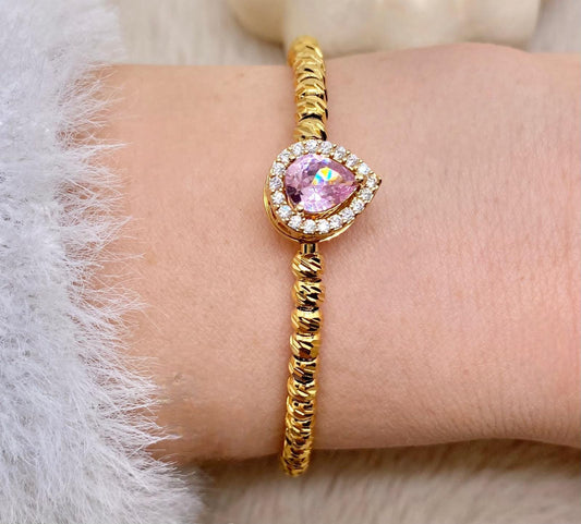 Pembe Taşlı Çelik Gold Bileklik