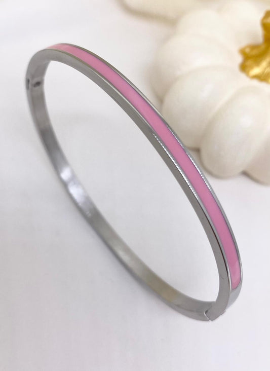 Çelik Pudra Pembe Mineli Silver Kelepçe Bileklik