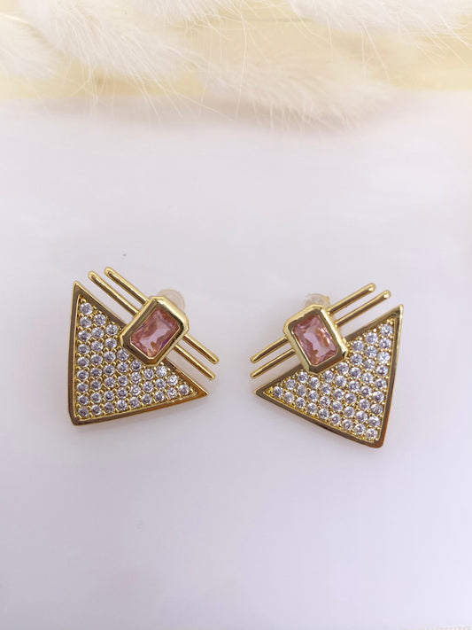 Çelik Zirkon Taşlı Gold Serenay Küpe - Pembe Taşlı